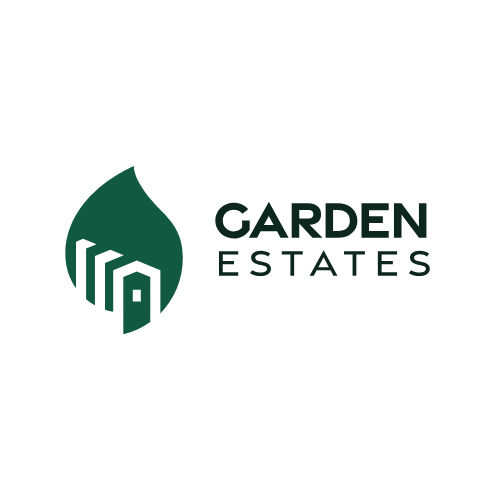 A logo for Garden Estates featuring a green leaf and a house silhouette.
